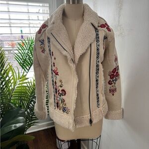 Johnny Was Beige Teddy Jacket with Floral Accents